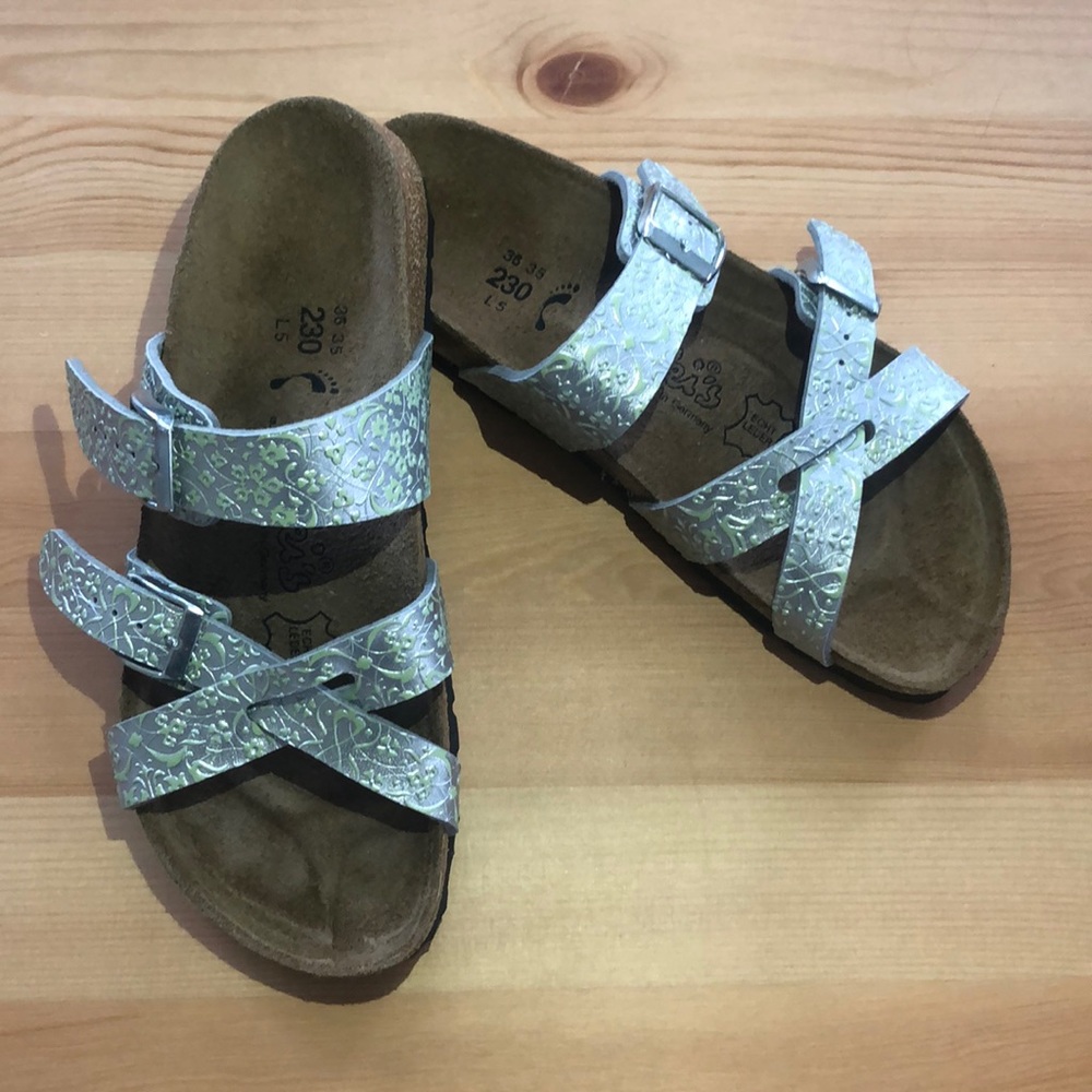 New Birkenstock Metallic Silver & Green Sandals